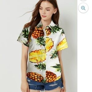 SSLR women's Hawaiian shirt Pineapple button down shirt large